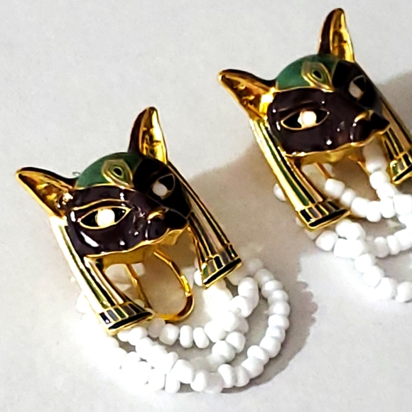 UTERQUE Egyptian revival cat dog fox earrings enamel pierced beaded FABULOUS!